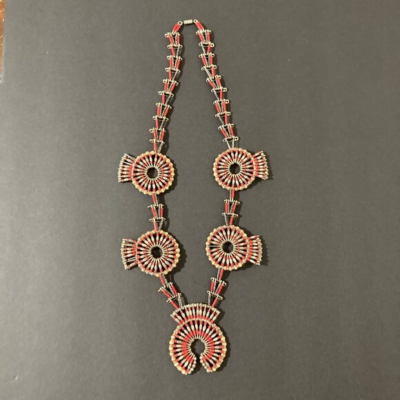 Necklace Native American Inspired Squash Blossom Red Safety Pin Necklace Vintage - Picture 1 of 4